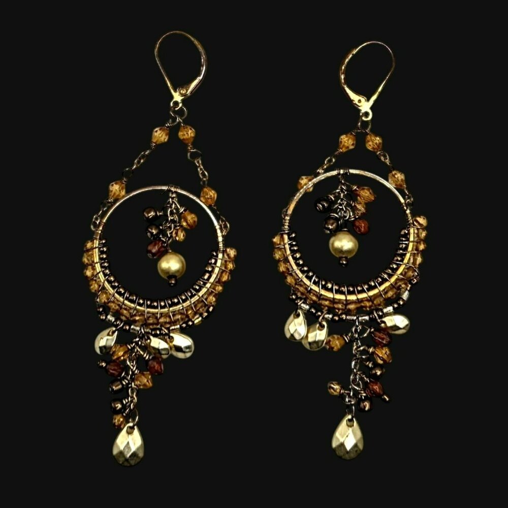 VTG Bohemian Chandelier Drop Dangle Earrings Gold-Tone Amber Beads Teardrop Boho